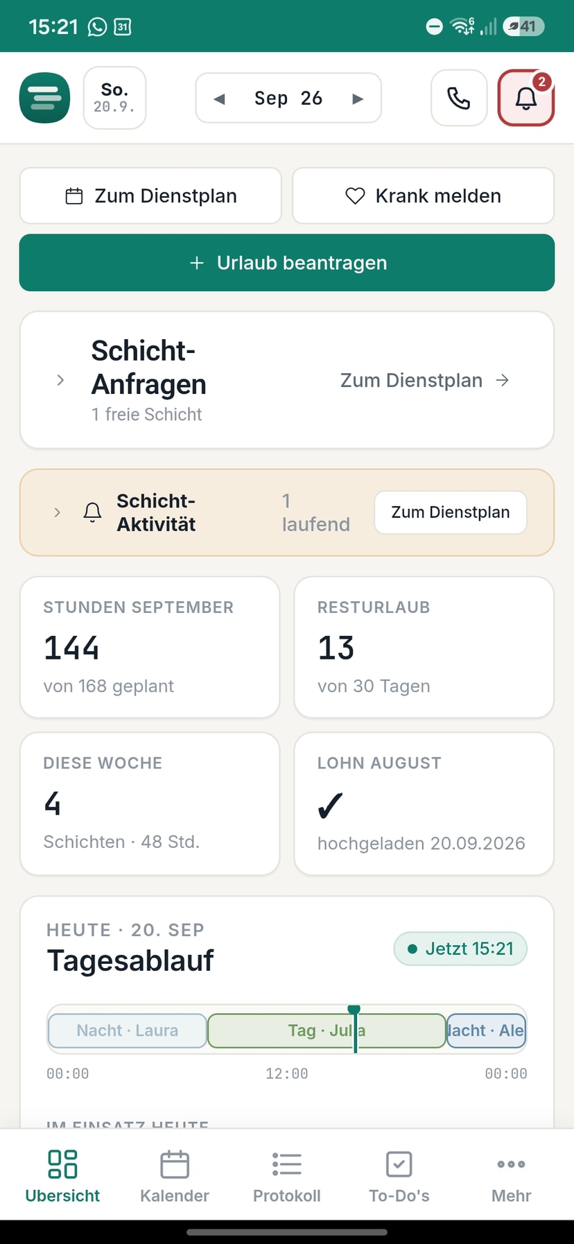 ShiftMaster Care: Mobile-Übersicht