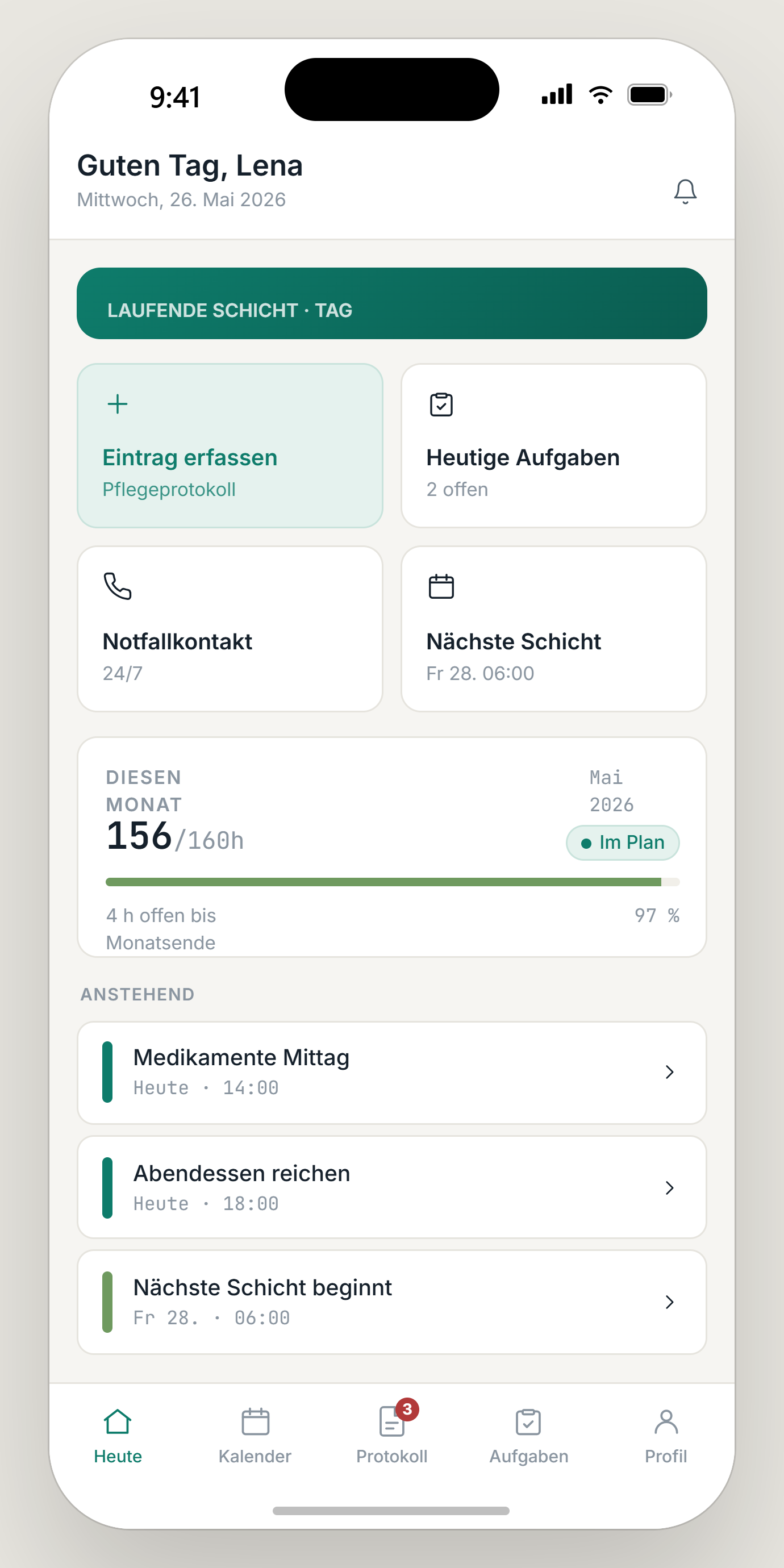 ShiftMaster Care — Mobile-Übersicht